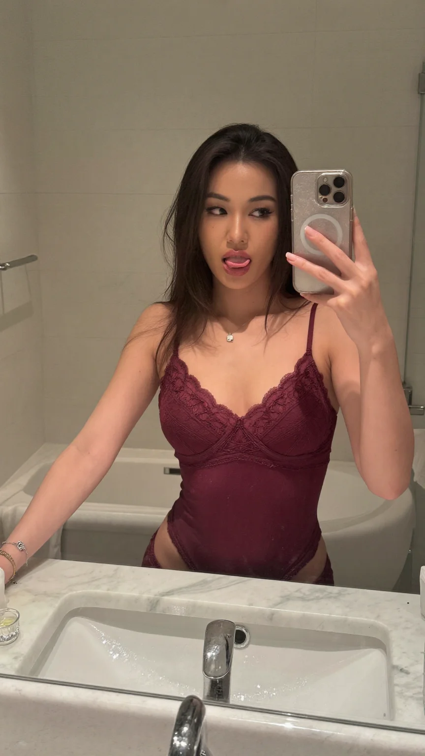 Gorgeous woman taking a mirror selfie in a marble bathroom